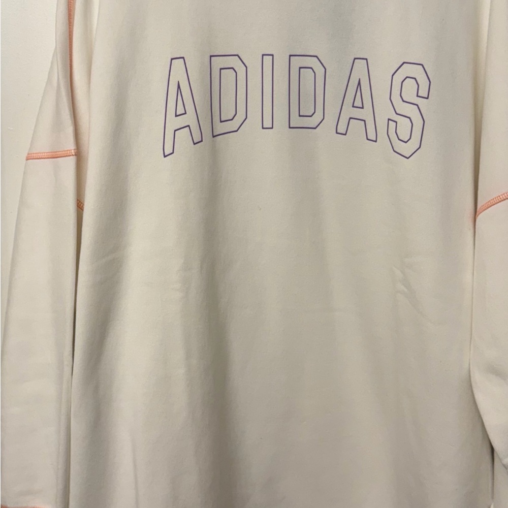 Adidas Cream Sweatshirt with Purple Block Graphic Printed Accents Size L